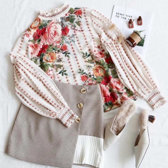 Boho Floral Print dot lantern Sleeve Blouse - Picture 2 of 12